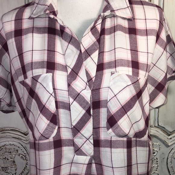 William Rast Short Dolman Sleeve Collar Pop Over Cotton Blend Plaid Top Size M - Picture 5 of 12